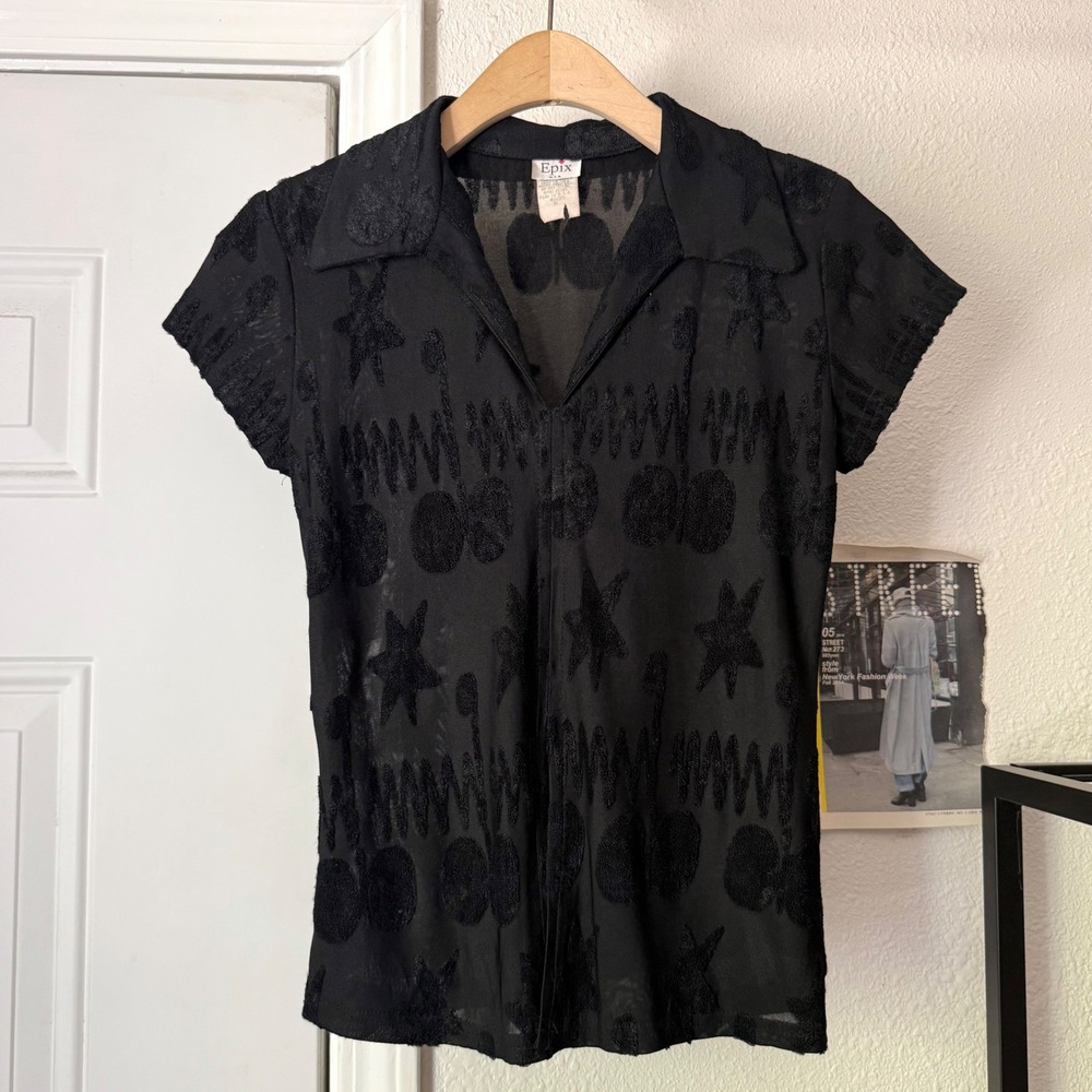 EPIX y2k vintage black sheer burnout velvet star cropped polo baby shirt top